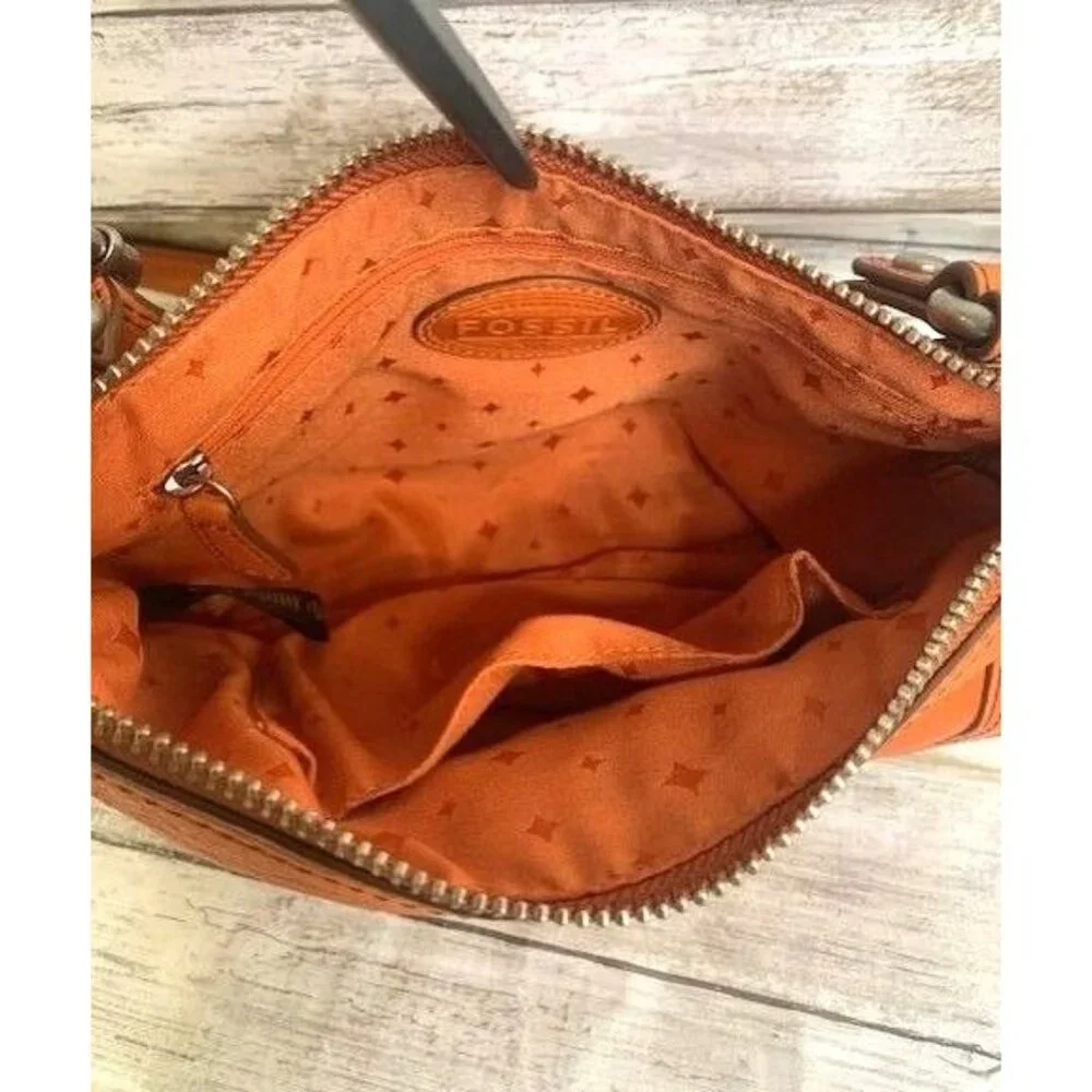 Orange Fossil Leather Crossbody Bag with‎ Front Turn Lock Pocket